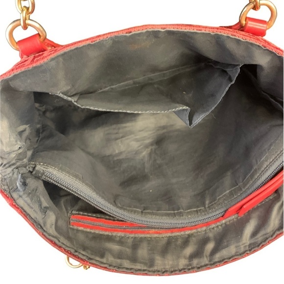 Tommy Hilfiger Tote Bag Red Logo Fabric Leather Trim Goldtone Hardware Chain - Picture 10 of 15